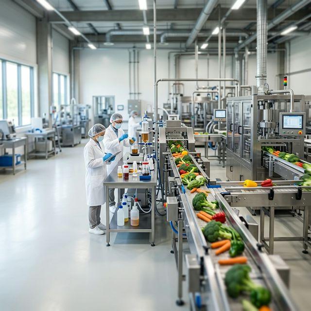 Modern food formulation laboratory with stainless steel machinery and fresh ingredients