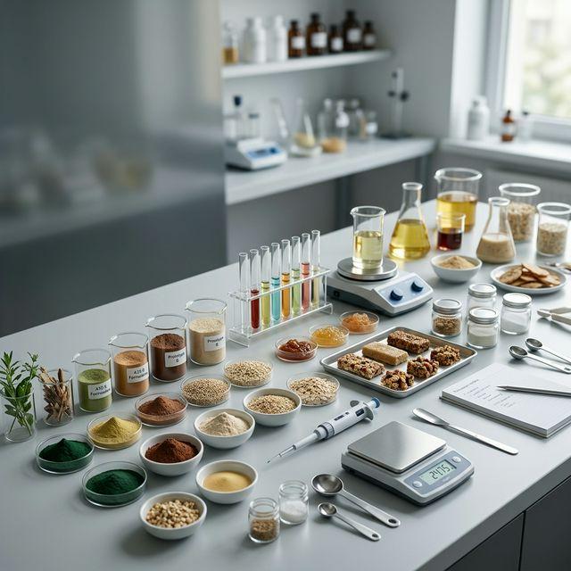 Food product development laboratory with modern equipment and fresh ingredients