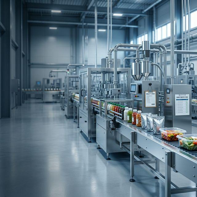 Modern food processing and packaging facility with automated production lines, ensuring FSSAI safety and compliance
